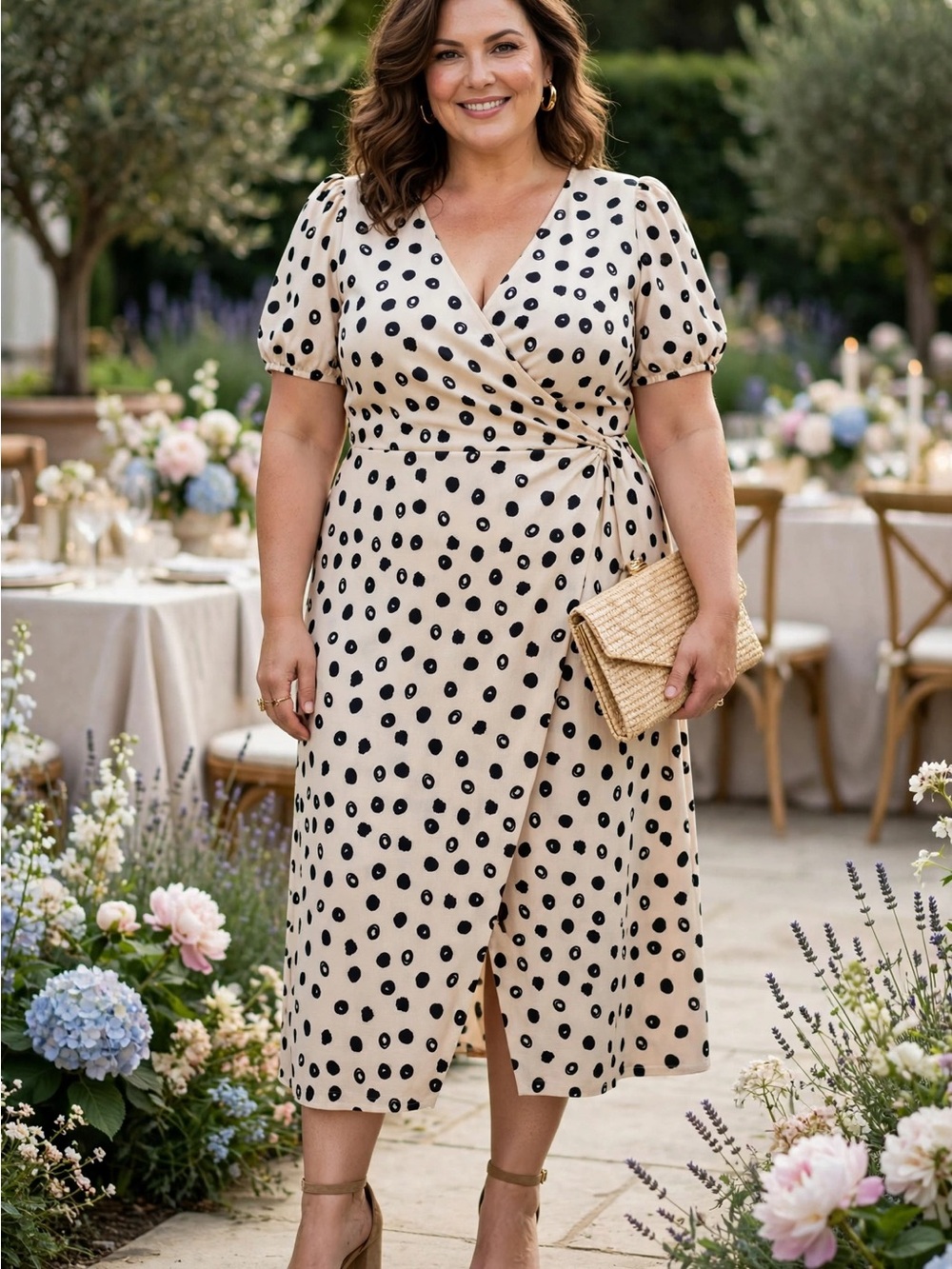 River Island Beige Wrap Midi Dress with Black Polka Dots size 22